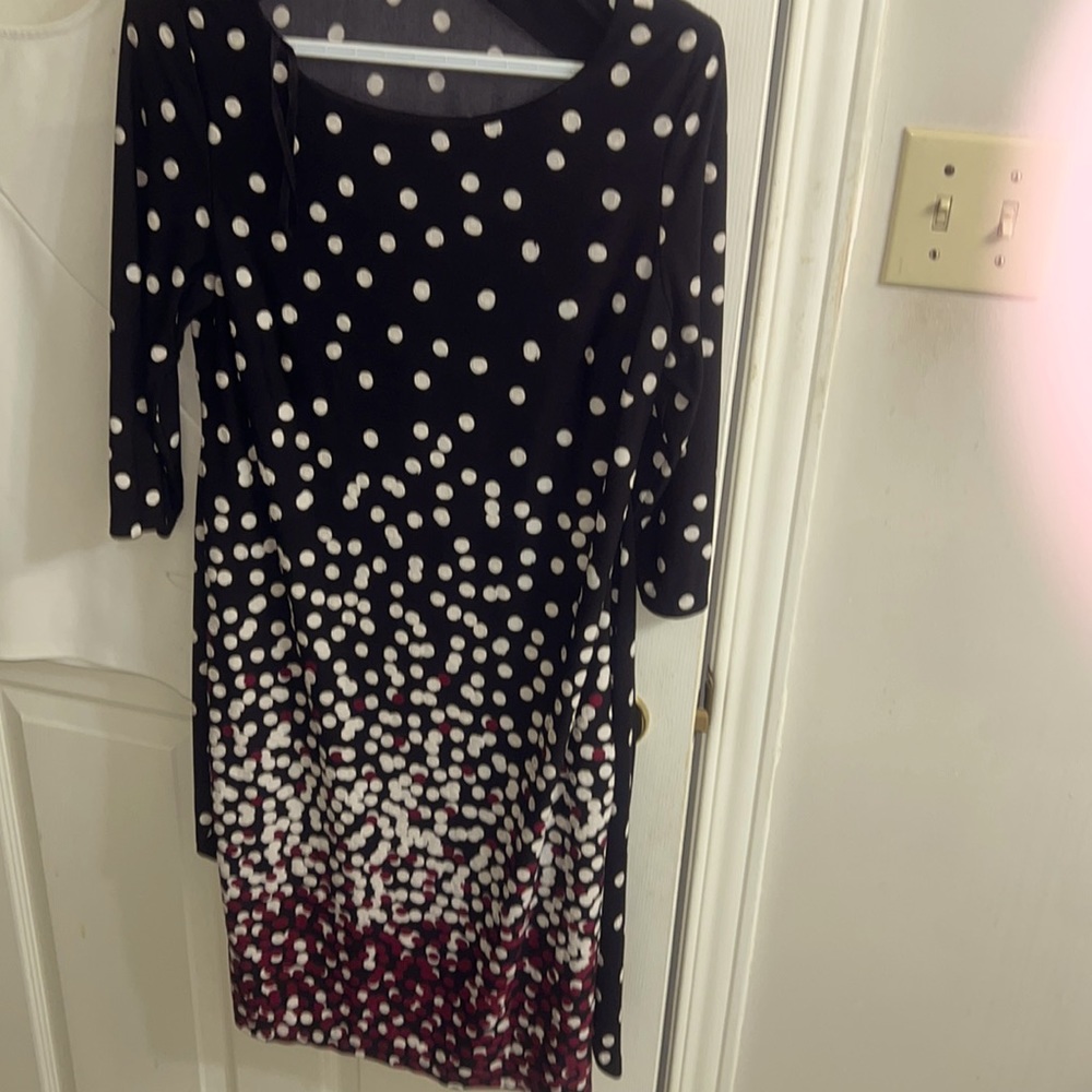 Black, white and purple business casual dress with belt